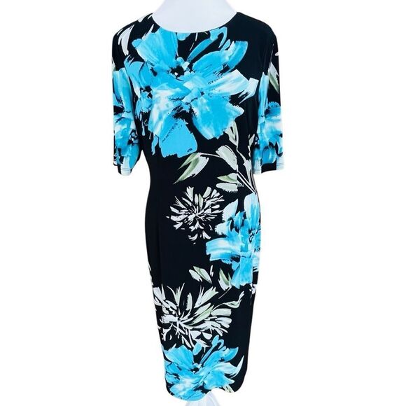 London Times black/blue floral midi dress, elbow length sleeve, size 8 - Picture 1 of 6